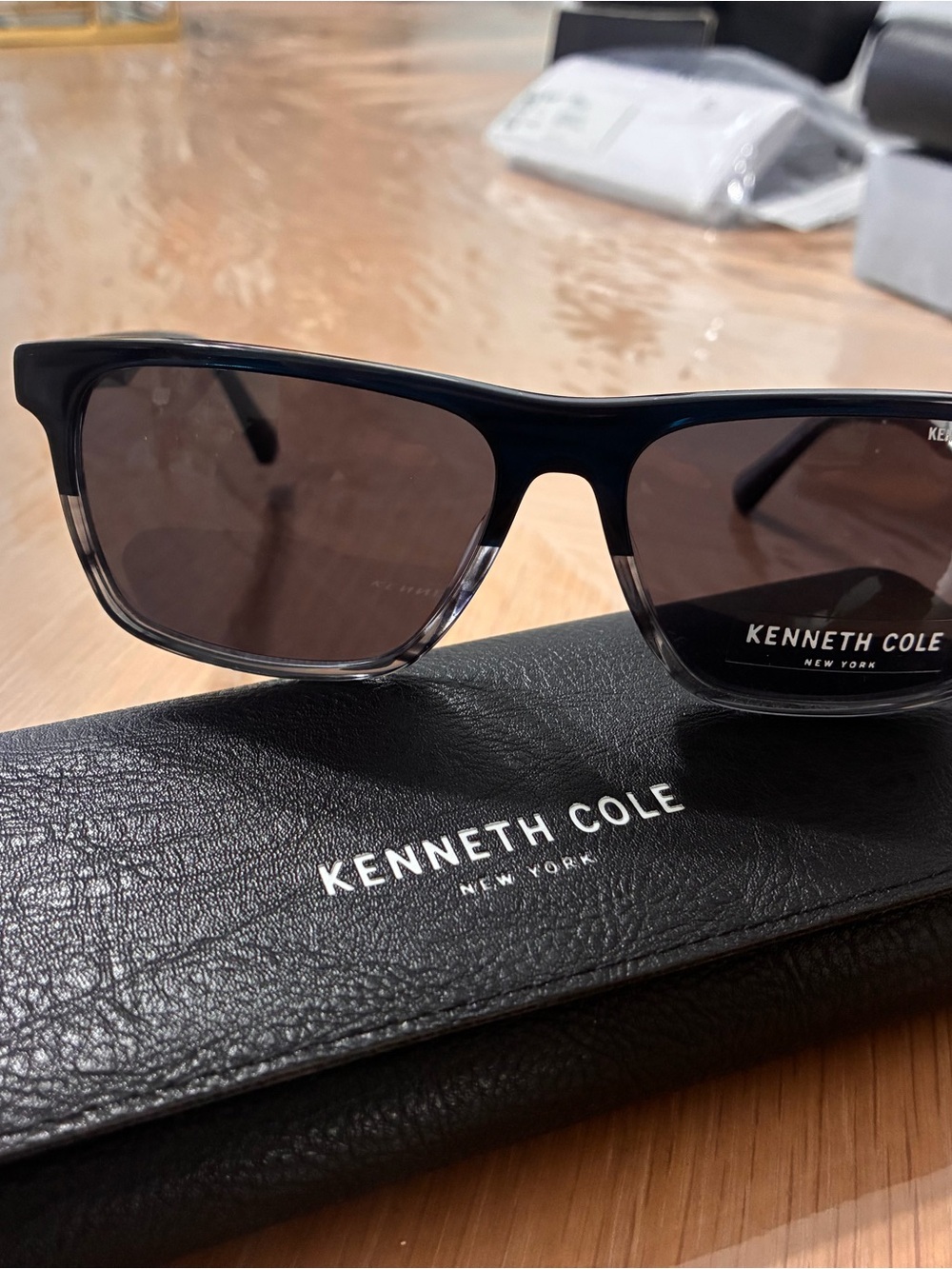 Kenneth Cole Blue-to-Clear Gradient Rectangular Sunglasses